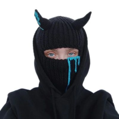 Funny Devil Horns Knitted Beanies Hat for Men Women Warm Balaclava Hat Full Face Ski Mask Hat (One Size,Black Vertical)