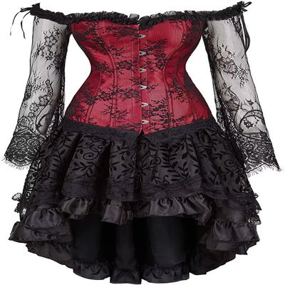 Jutrisujo Corset Top Skirt Set Dress Bustier Lace Long Sleeves Floral Plus Size Costume Halloween Women Red L
