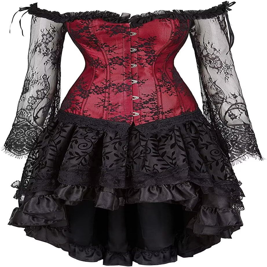 Jutrisujo Corset Top Skirt Set Dress Bustier Lace Long Sleeves Floral Plus Size Costume Halloween Women Red L