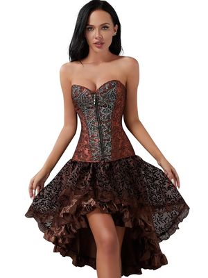 Jutrisujo Steampunk Corset Pirate Dress Skirt with Tutu Set Bustier Plus Size Vintage Lace up Gothic Costume Brown L