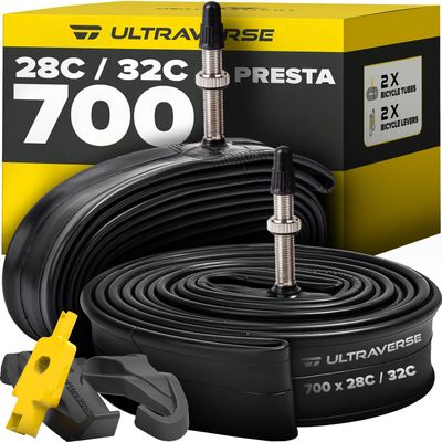 Ultraverse Bike Inner Tube for 700x28-32c, 28 inch Bicycle Wheel Sizes with 48mm Presta Valve - Butyl Rubber Tubes for Road and Gravel Bikes - 2 Pack with 2 tire levers Included