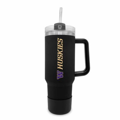 Campus Colors College & University 40 oz Travel Tumbler With Handle - Dual Option Lid With Straw - Vacuum Insulated Stainless Steel (Washington Huskies - Black)