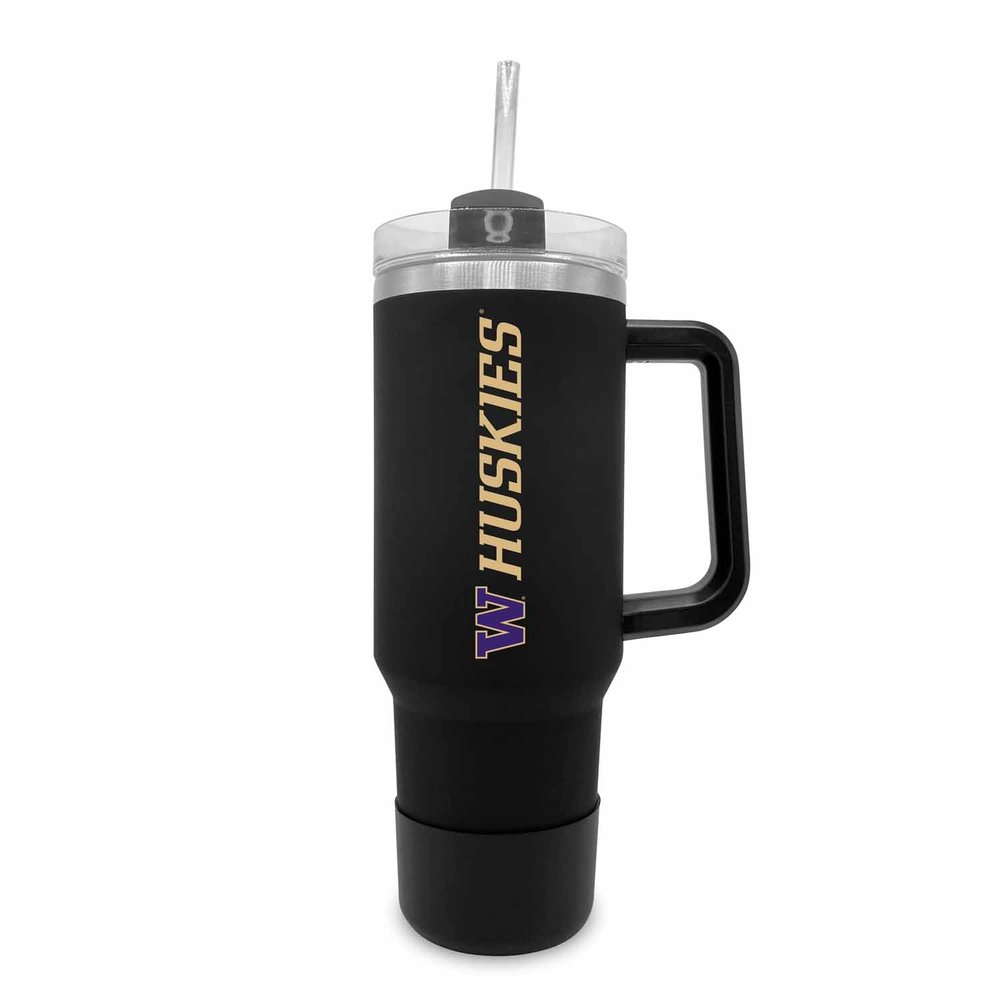 Campus Colors College & University 40 oz Travel Tumbler With Handle - Dual Option Lid With Straw - Vacuum Insulated Stainless Steel (Washington Huskies - Black)