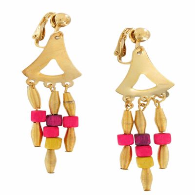 Vintage Clip On Chandelier Earrings Gold Tone Beaded Pink Purple Yellow 3' Adorable Statement Jewelry Earrings for Women AG4549