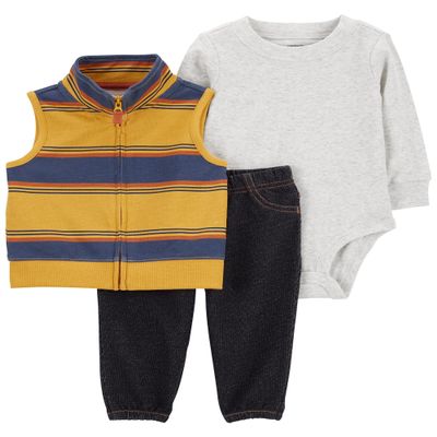 Carter's Baby Boys' 3 Piece Plaid Patch Little Vest Set (Multi/yellow stripe, 18 Months)