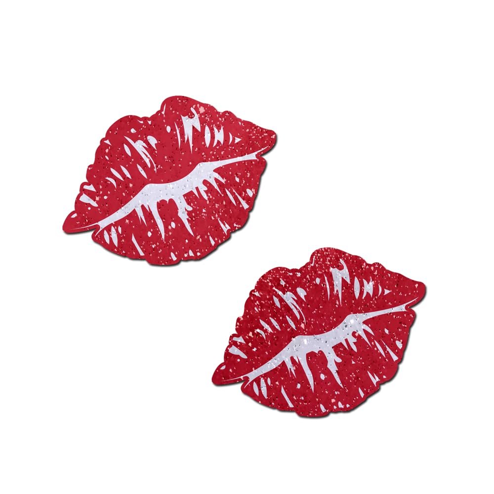 PASTEASE Valentines Pasties - Nipple Covers Lingerie, Raves, & Festivals | Halloween Accessory | Latex Free & Made in USA (Sparkly Red Kissing Puckered Lips)
