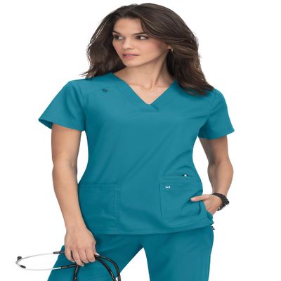 KOI Next Gen Hustle and Heart Women's 3-Pocket Stretch Scrub Top Teal XX-Small
