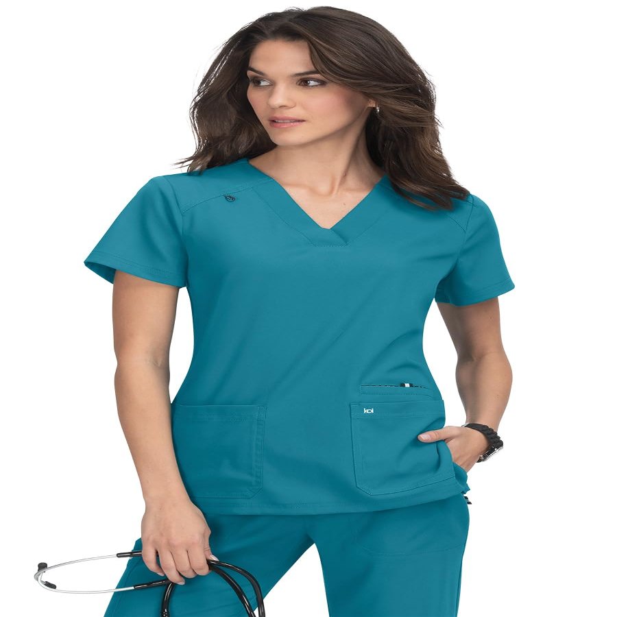 KOI Next Gen Hustle and Heart Women's 3-Pocket Stretch Scrub Top Teal XX-Small