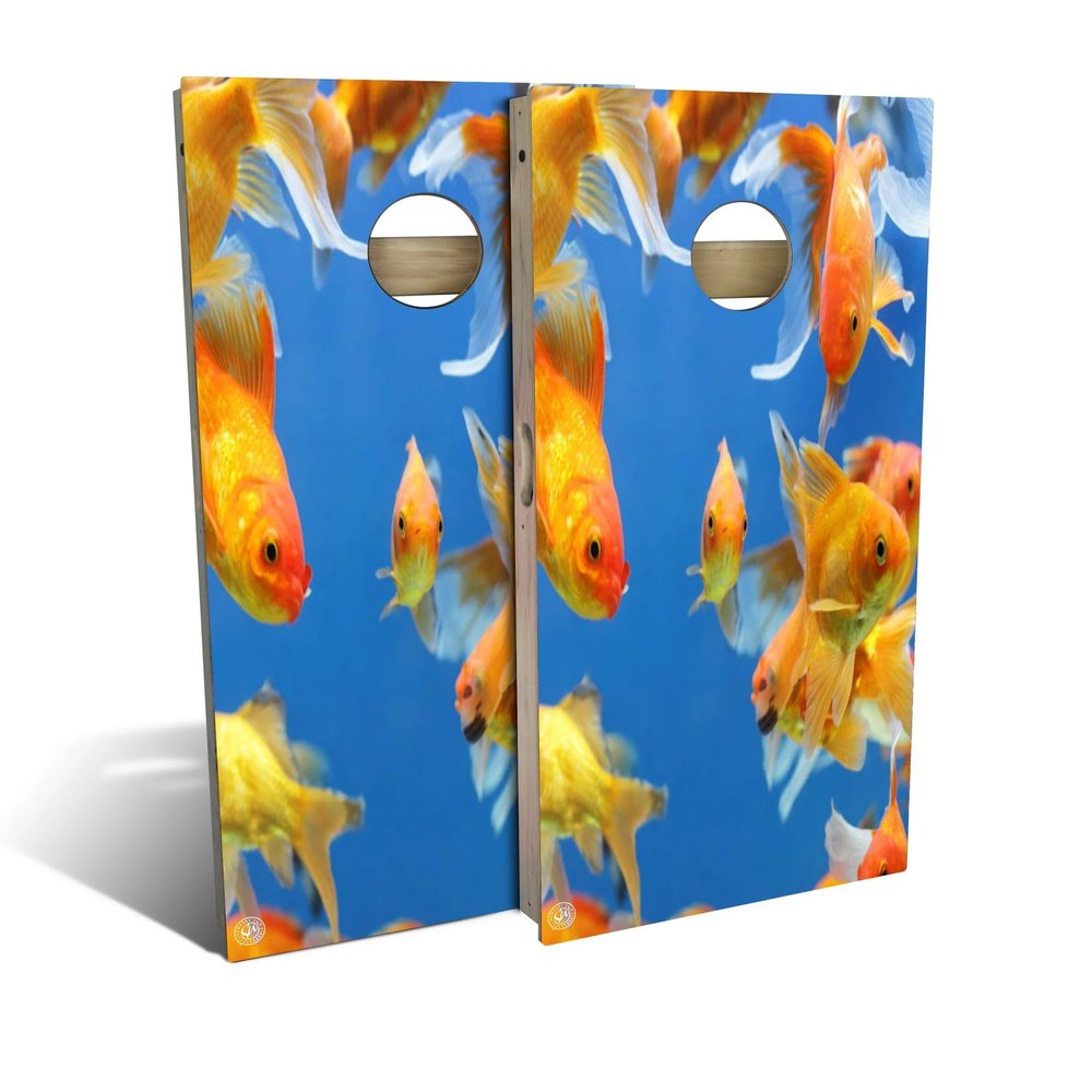 Skip's Garage Gold Fish Cornhole Set - Premium 2x4 (Weather Bags) - Include Case + Hole Lights