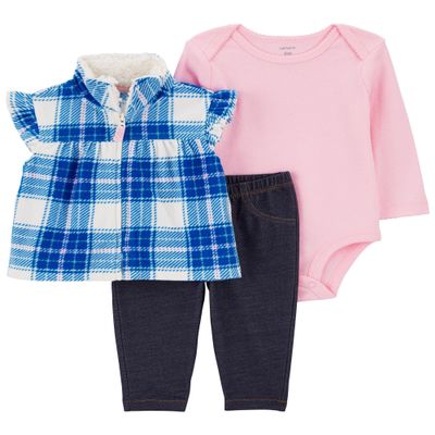 Carter's Baby Girls' 3 Piece Vest Little Jacket Set (pink/blue plaid, 12 Months)