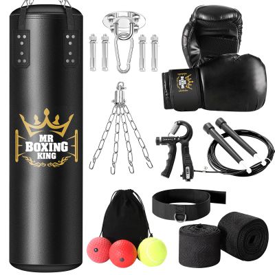 THE LOFT 7 DESIGN Mr Boxing King Punching Bag Set for Adults 4ft Heavy Boxing Bag Set 80 Lb Capacity, Unfilled Training Bag for Home Gym Set Kickboxing MMA Karate Martial Arts