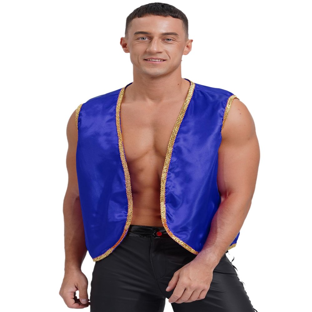 Jugaoge Mens Arabian Prince Vest Gold Trims Medieval Steampunk Gothic Waistcoat Fancy Dress Up Royal Blue Medium