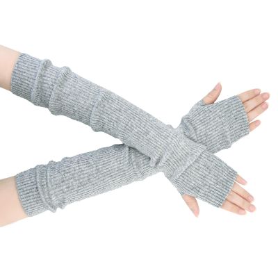 SEYUFN Winter Fingerless Long Gloves for Women Cashmere Blended Knitted Arm Warmers Super Soft Black Arm Sleeves (Grey, 50cm/19.7in)