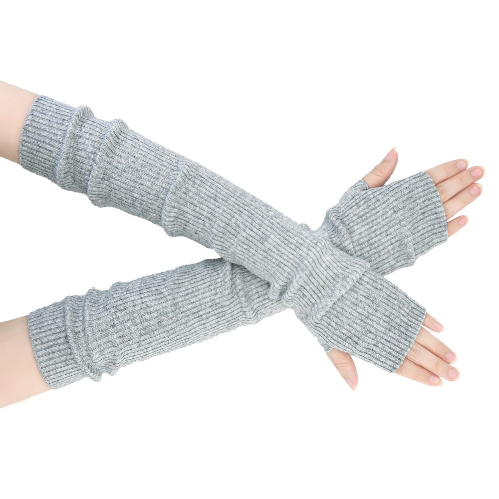 SEYUFN Winter Fingerless Long Gloves for Women Cashmere Blended Knitted Arm Warmers Super Soft Black Arm Sleeves (Grey, 50cm/19.7in)