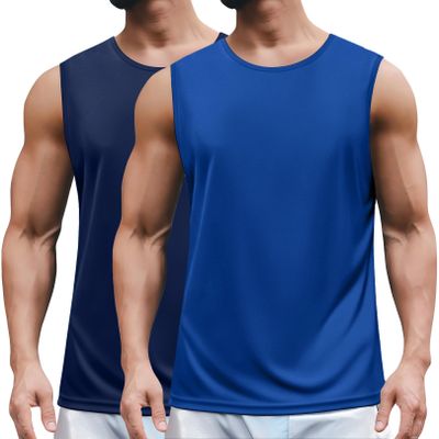 COOFANDY Men's Running Athletic Tank Top Blue Quick Dry Workout Gym Swim Beach Sports Tank 2 Pack Sleeveless Navy Shirts