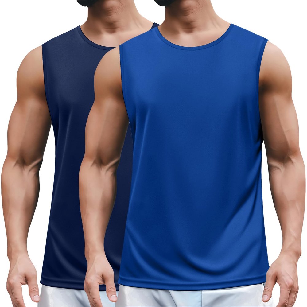 COOFANDY Men's Running Athletic Tank Top Blue Quick Dry Workout Gym Swim Beach Sports Tank 2 Pack Sleeveless Navy Shirts