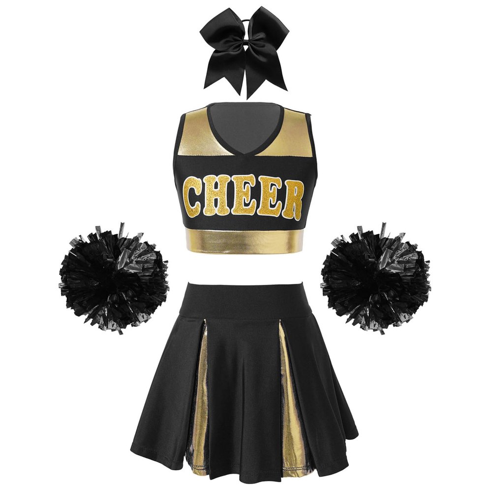 JIZYO Youth Cheerleading Fancy Dance Costume Schoolgirls Cheer Leader Uniform Dress Crop Top with Pleated Skirt and Pom Poms A Black F 16 Years