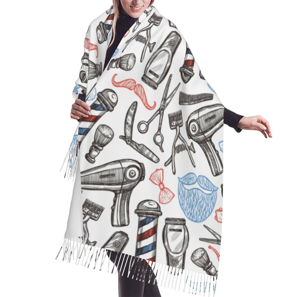 Barber Shop Monochrome Style Print Women'S Super Soft Classic Cashmere Winter Cashmerette Fringed Scarf For Spring Fall Winter