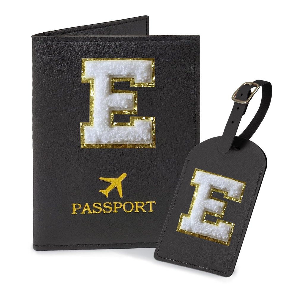COSHAYSOO Black Passport Cover and Luggage Tag Set TSA Approved with Her Initial Chenille Letter Patch for Big Little Girls Sister Daughter, Hawaii Travel Bag Backpack Suitcase Identifier (E)