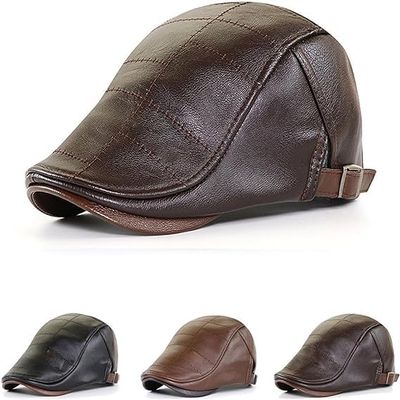 2023 Trendy Leather Beret, Fashion Warm Hat Adjustable Stylish Leather Beret for Men and Women (Dark Brown)
