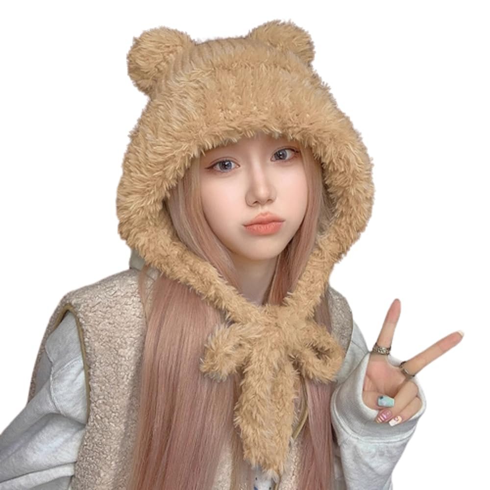 ANKOMINA Winter Cute Bear Ear Warm Hat Women Plush Earflap Beanie Hat Kids Girls Windproof Skull Cap