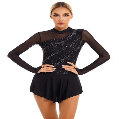 Sinleey Women's Figure Ice Skating Dance Dress Mesh Rhinestone Long Sleeve Lyrical Dance Leotard Dancewear Black Large