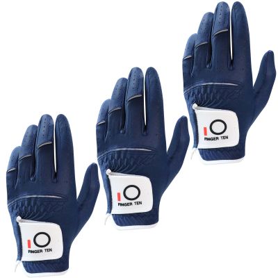 FINGER TEN All Weather Grip Golf Gloves Men Value 3 Pack for Right Handed Golfer, Comfort Soft Glove for Premium Performance, Colors White Black Blue Sizes S M L XL (Navy, X-Large, Left)