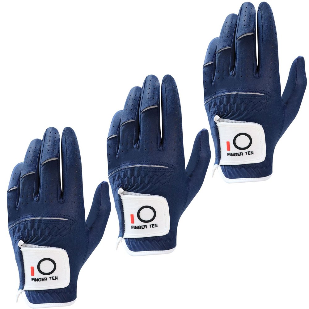 FINGER TEN All Weather Grip Golf Gloves Men Value 3 Pack for Right Handed Golfer, Comfort Soft Glove for Premium Performance, Colors White Black Blue Sizes S M L XL (Navy, X-Large, Left)