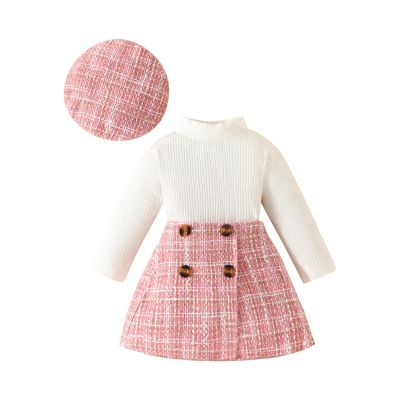 Toddler Baby Girl Outfits Fall Winter Clothes Turtleneck Long Sleeve Knit T-Shirt Tops + Plaid Mini Skirts Set (Ribbed-Pink, 6-9 Months)
