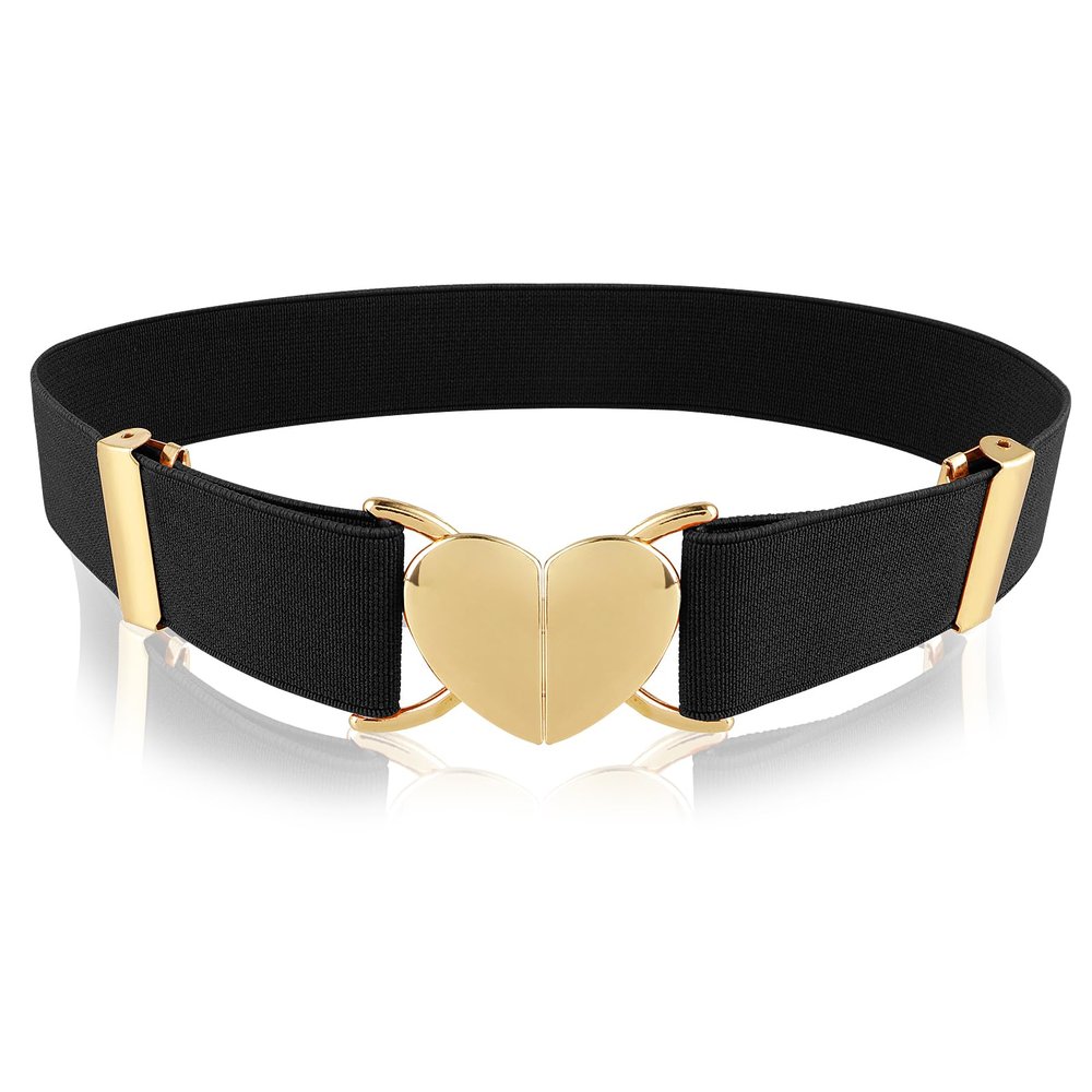 Andibro Heart Elastic Waist Belts for Girls, Adjustable Woven Stretch Belt Fashion Metal Heart Buckle Waistband for Women(Black)