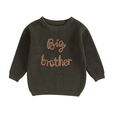 Big Brother Little Brother Matching Outfits Letter Embroidery Knit Sweater Shirt Baby Boy Winter Warm Clothes (Army Green Big Bro, 4-5 Years)