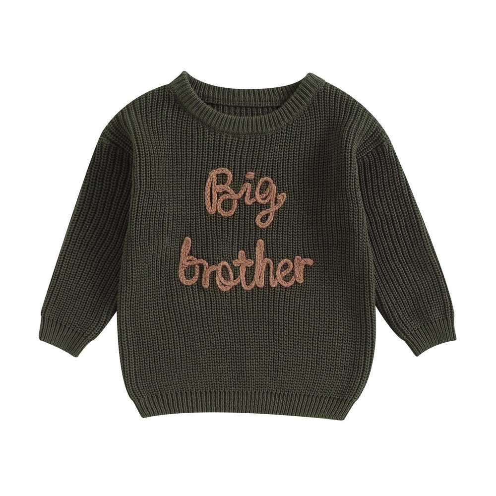 Big Brother Little Brother Matching Outfits Letter Embroidery Knit Sweater Shirt Baby Boy Winter Warm Clothes (Army Green Big Bro, 4-5 Years)