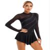 Sinleey Women's Figure Ice Skating Dance Dress Mesh Rhinestone Long Sleeve Lyrical Dance Leotard Dancewear Black Small view 3