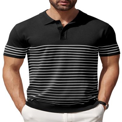 COOFANDY Men's Striped Polo Shirt Casual Knit Short Sleeve Golf Shirts Lightweight Fashion Collared T Shirts, Black, 3X-Large