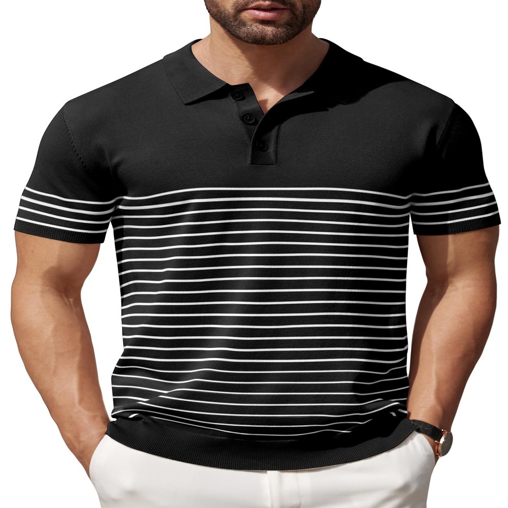 COOFANDY Men's Striped Polo Shirt Casual Knit Short Sleeve Golf Shirts Lightweight Fashion Collared T Shirts, Black, 3X-Large