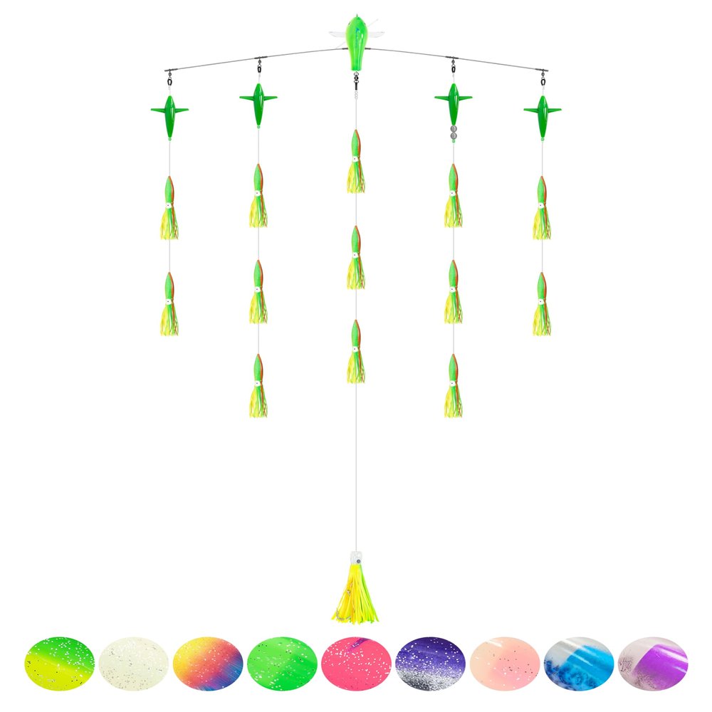 BLUEWING 36in Upgraded Fishing Spreader Bar Starboard Canyon with 9in Floating Squids, Trolling Birds, Big Game Trolling Lure and 316 Stainless Steel Rod for Wahoo Tuna Marlin Mahi Mahi, Yellow/Green