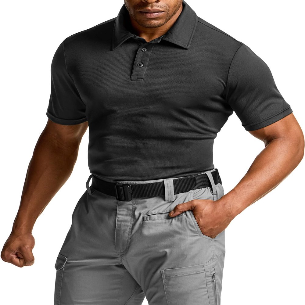 CQR Men's Polo Shirts, Tactical Short Sleeve Golf Performance Shirts, Lightweight Dry Fit UPF 50+ Pique, Frost Basic Black, 3X-Large