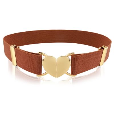 Andibro Heart Elastic Waist Belts for Girls, Adjustable Woven Stretch Belt Fashion Metal Heart Buckle Waistband for Women(Brown)