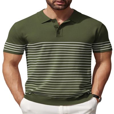 COOFANDY Mens Polo Shirt Short Sleeve Knit Texture Shirts Casual Striped Golf Shirt, Army Green, X-Large