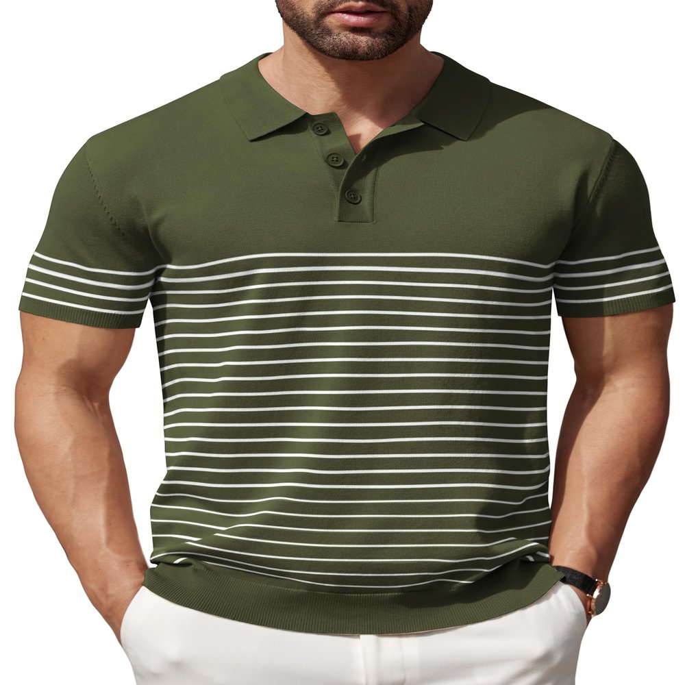 COOFANDY Mens Polo Shirt Short Sleeve Knit Texture Shirts Casual Striped Golf Shirt, Army Green, X-Large