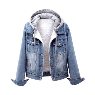 Women Hoodies Denim Jackets Fleece Lined Warm Winter Coats Distressed Casual Jean Jacket Coat Vintage Button Down Coats