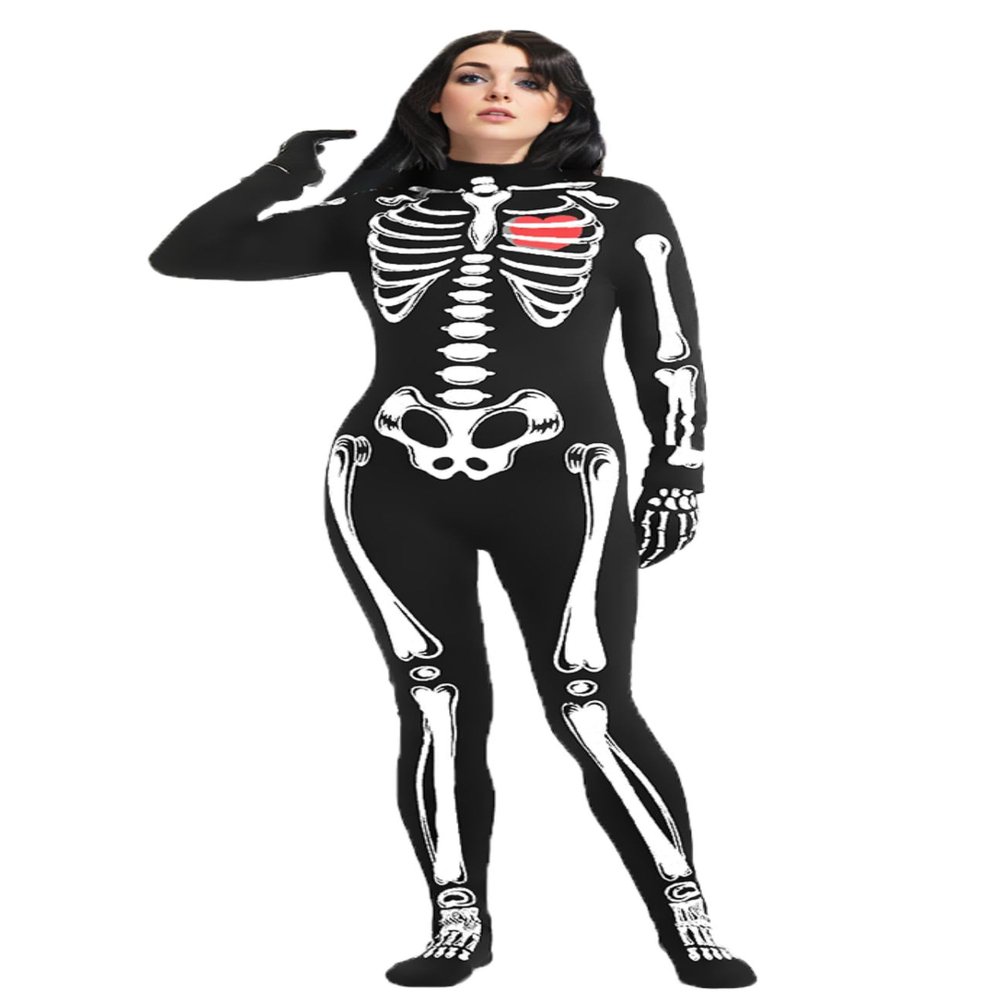 Sipumia Women Glow in The Dark Halloween Skeleton Costume Stretch Skinny Cosplay Bodysuit Footed Catsuit White Skeleton M