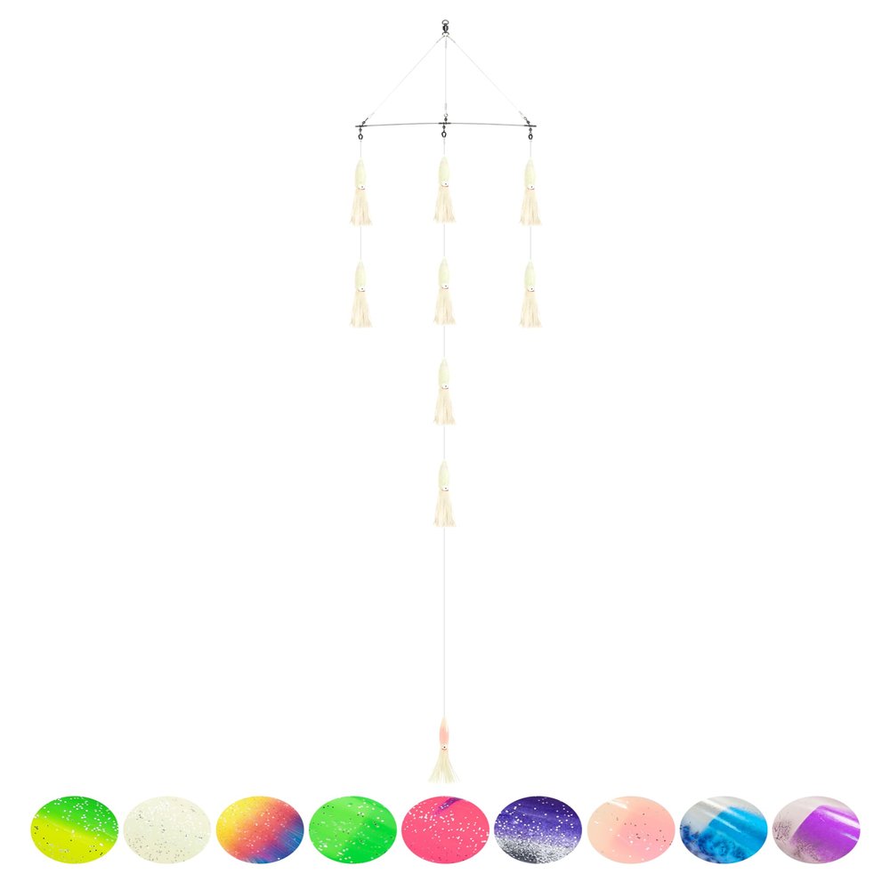 BLUEWING 18" Upgraded Fishing Spreader Bar Formation with 6" Floating Squids and 316 Stainless Steel Rod Offshore Spreader Bar for Wahoo Tuna Marlin Mahi Mahi, Luminous