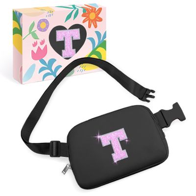 COSHAYSOO Initial Letter Fanny Pack for Girls Personalized Christmas Birthday Gifts for 6 7 8 9 10 11 12 Year Old Teen Girl, Girly Fashion Crossbody Purse Belt Bag Preteen Tween Trendy Stuff Black T
