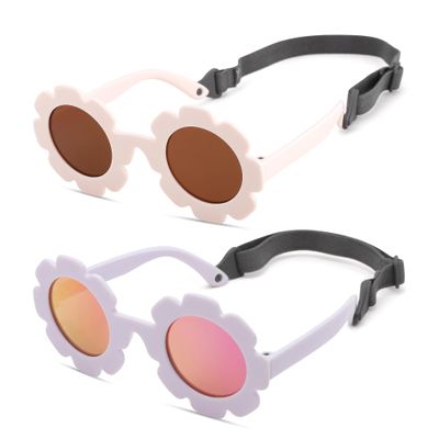 Hycredi Flexible Bendable Flower Baby Polarized Sunglasses with Strap for Newborn Infant Boys Girls Age 0-24 Months-Beige White/Brown +Purple/Purple Red