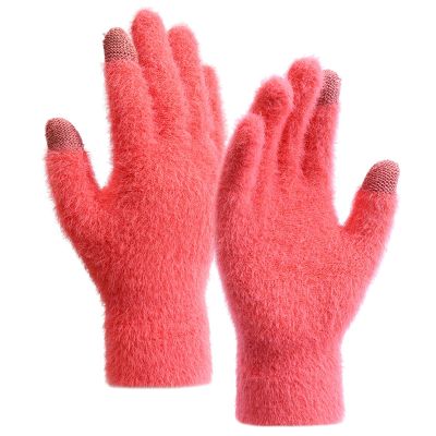 Icegrey Boys and Girls Knitted Gloves Autumn and Winter Velvet Warm Gloves Touch Screen Gloves Red Medium