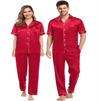 SWOMOG Couples Pajamas Sets Women & Men Satin Short Sleeve Sleepwear Button Down Loungewear Pjs Set with Long Pants Men Red Large