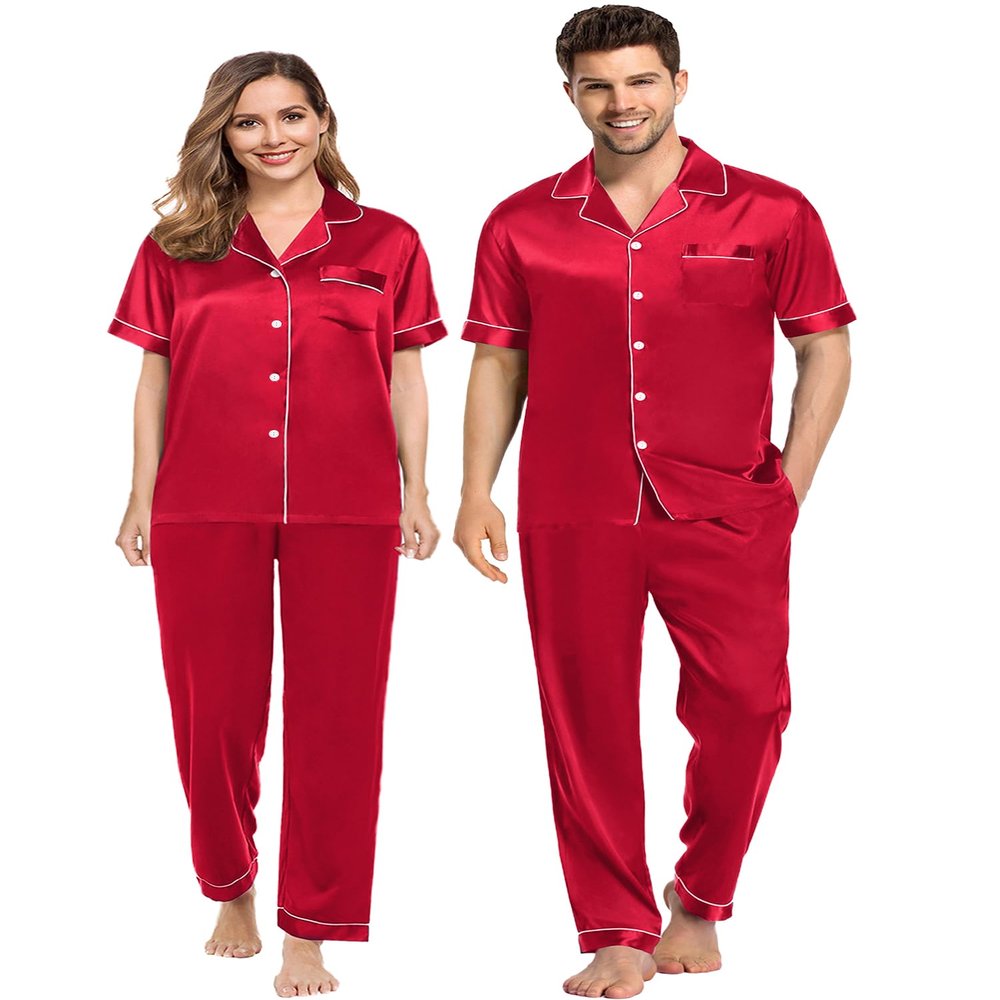 SWOMOG Couples Pajamas Sets Women & Men Satin Short Sleeve Sleepwear Button Down Loungewear Pjs Set with Long Pants Men Red Large