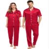SWOMOG Couples Pajamas Sets Women & Men Satin Short Sleeve Sleepwear Button Down Loungewear Pjs Set with Long Pants Men Red Large view 1