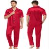 SWOMOG Couples Pajamas Sets Women & Men Satin Short Sleeve Sleepwear Button Down Loungewear Pjs Set with Long Pants Men Red Large view 3